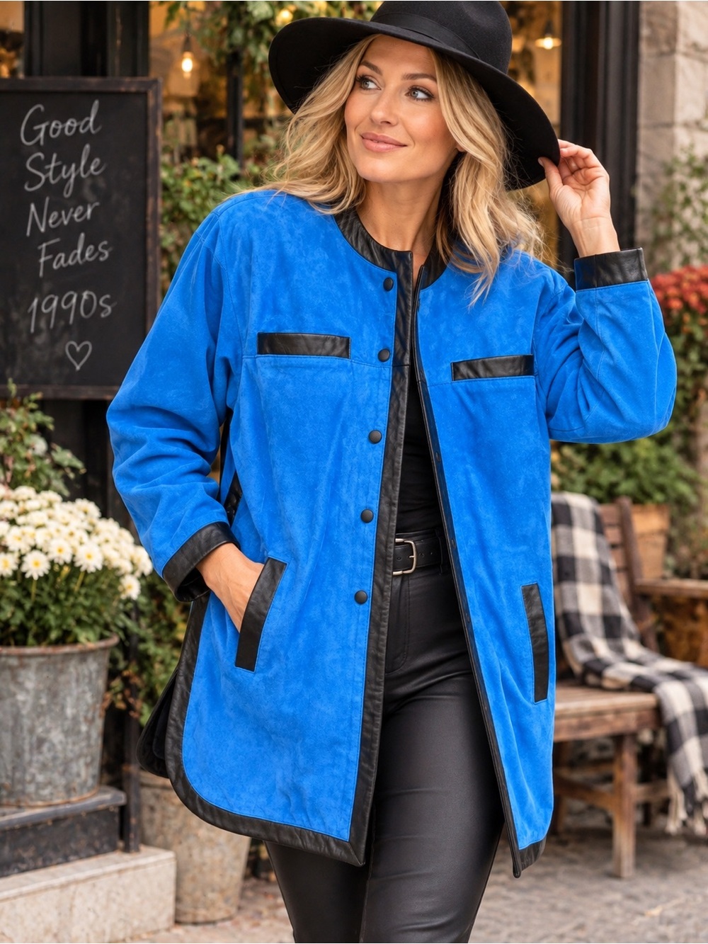 Vintage 1990s Danier Cobalt Blue Suede & Black Leather Longline Jacket Coat